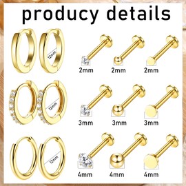 Morfetto 12 Pairs Tiny Stud Earrings 18K Gold Plated Stainless Steel Earring Sets for Multiple Piercings Small Threadless Flat Back Earrings Cartilage Hoop Earrings, Stainless Steel