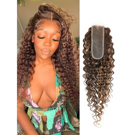 AUROO Honey Blonde 2x6 HD Lace Closure Only Deep Wave 18 Inch, 12A 100% Human Hair Curly 2x6 Kim K Closure Transparent Lace Middle Long Deep Parting Full Lace #P4/27 Highlight Balayage Ombre Brown