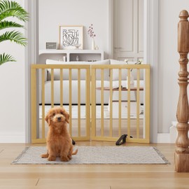 Semiocthome Dog Gate Indoor 2-Panel Freestanding Puppy Fence for House with 2 Metal Stands 24" H Folding Wood Pet Safety Fence for Stairs Doorway, Fully Assembled - Natural