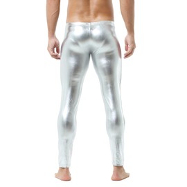 QiaTi Men's Tight Pants Faux Leather Men Leggings Long Trousers PU Skinny Slim Pants Club Dance Silver