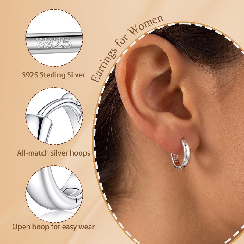 FIMHUT 925 Sterling Silver Thick Small Huggie Hoops Earrings For