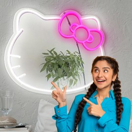 Health Organizer Anime Mirror 13.3 x 16.14 Inches Vanity Mirror with Lights Cat Design Bedroom Wall Mirror Girls Makeup Kitty Mirror with Lights Neon Sign Gift Mirror