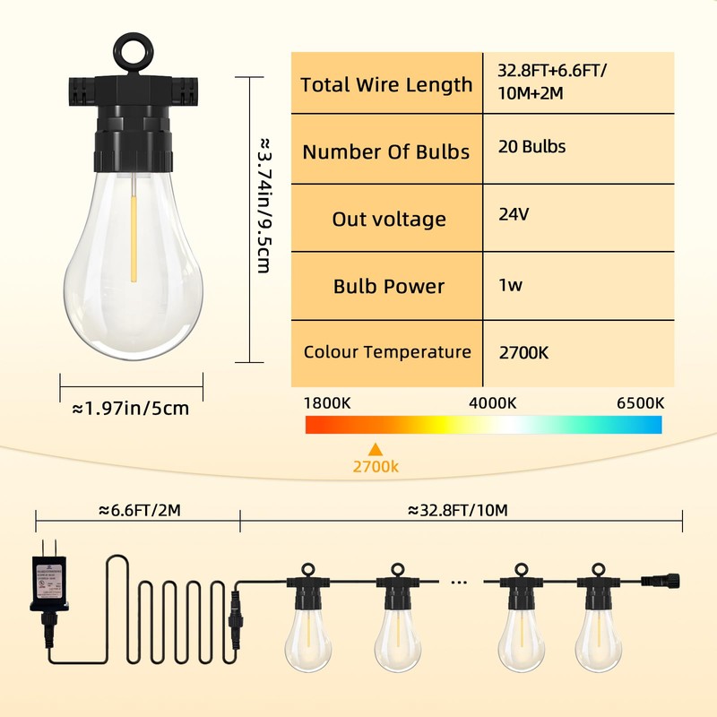 BYIZO LED Outdoor String Lights with 20 Shatterproof Edison Bulbs,
