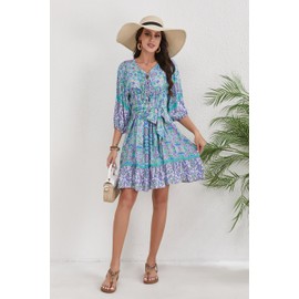 HECCPLI Women's Bohemian Dress V Neck Front Tie 3/4 Long Sleeve Floral A Line Beach Boho Tunic Dress Green Purple