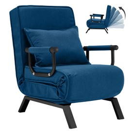 Convertible Sofa Bed Sleeper Chair,Single Person Chaise Lounge Couch with Pillow,Upholstered Lazy Bed with 6 Angles Adjustable Backrest,Folding Sofa Arm Chair for Apartment/Office/Home (Blue)