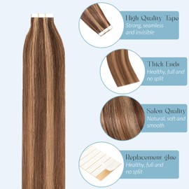MY-LADY Tape in Hair Extensions 10 Pcs Invisible Thin Type 20 Inch Real Human Hair Tape in Extensions Straight Seamless #4/27 Medium Brown Mix Dark Blonde 15g