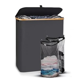 Easyday Laundry Hamper with Lid - Clothes Hamper with Removable Laundry Bag and Bamboo Handles, Foldable Laundry basket for Laundry Room, Bathroom, Bedroom (Dark Gray, 140L)