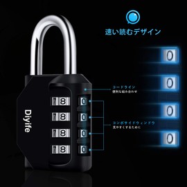 Diyife Padlock, Dial Type, 4 Digit Combination Lock, Anti-Theft, Numbered Lock, Valuables Holder, School, Locker, Business, Warehouse, Outdoor, Japanese Instruction Manual (Black)