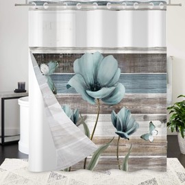 Meiguiman Rustic No Hook Shower Curtain with Snap in Liner Set Teal Daisy Flowers Farmhouse Wooden Shower Curtains for Bathroom Double Layers Hotel Style Fabric Washable 71x74 Inch