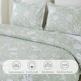Vaulia Soft Microfiber Duvet Cover Set with 2 Pillow Shams, Floral Print Pattern Design, 3-Piece Set (1 Duvet Cover and 2 Pillow Shams) Sage Green Color, Queen Size