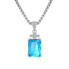 YAMI Necklace for Men, Gem Quality 17.5 Carat 5A Cubic Zircon Emerald Cut Birthstone Aquamarine Sky Blue, Cross Pendant with 24" Stainless Steel Chain, Jewelry Gift for Husband/Father/Boyfriend
