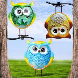 LEGIFO Owl Garden Decor for Outside, Stand & Tree Hugger Outdoor Owls Statues Yard Art Set of 3, Funny Metal & Glass Figurines Gifts for Grandma Mom Women