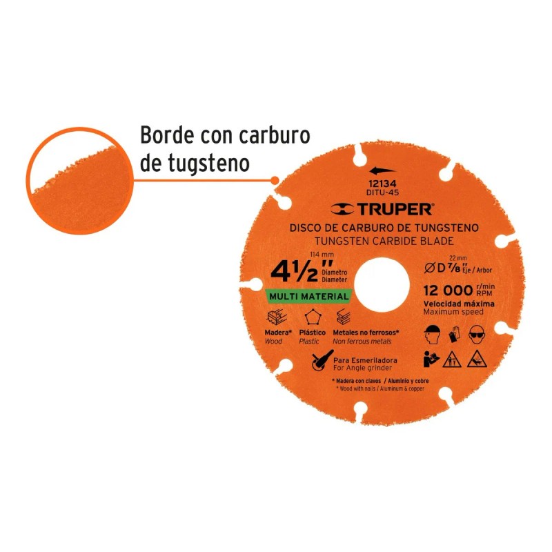 Disco 4-1/2 , Multimaterial De Carburo De Tungsteno, Truper