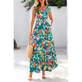 dowerme Summer Dresses for Women 2025 Casual Ruffle Smocked Tiered A-Line Boho Floral Maxi Beach Sun Dress with Pockets(Green Orange Flower,Large)