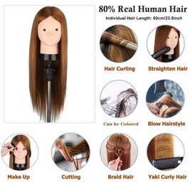 Beauty Star Mannequin Head with 80% Real Human Hair, Manikin Doll Head for Hair Styling, Cosmetology Makeup Hairdressing Training Practice Head with Clamp Stand and DIY Hair Styling Braiding Set
