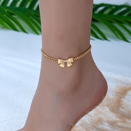Decixde Gold Ankle Bracelets for Women 18K Gold Anklets for Women Gold Bow Ankle Bracelets Waterproof Cuban Link Anklet Foot Bracelet Summer Beach Anklet Jewelry for Women Gift (Gold Bow Anklets)