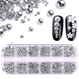 1Box Flat Back Pearls for Crafting, Flatback Nail Pearls for Nail Art, Small Pearls for Nail Charms, Silver Half Pearls Kits Beads with Pickup Pencil Tweezer for Home DIY (Silver)