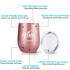 Stainless Steel 12 oz Wine Tumbler Novelty Stemless Insulated Double Wall Cups Travel Cups Rose gold Tumbler with Leak-Proof Lid Gifts for Wife Mom Sister Friends Birthday