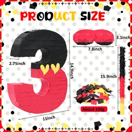 RoundFunny Number 3 Piñata Black Red Piñata First Birthday Party Supplies for Celebration for Boys Girls Fun Yellow Heart Black and Red Themed Party Decor 14.9 X 11 X 2.8 Inches