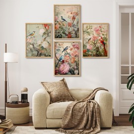 SIGNWIN Framed Set Chinoiserie Bird and Flower Vintage Asian Inspired Floral Illustrations Modern Art Decorative Scenic Multicolor Nature Wilderness for Bedroom - 8"x10"x 4 Natural