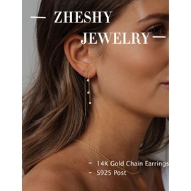 ZHESHY 14K Gold Tassel Chain Drop Dangle Small Huggie Hoop Earrings for Women Trendy Hypoallergenic Cubic Zirconia Stud Earrings Long Hanging Threader Earrings for Women Jewelry