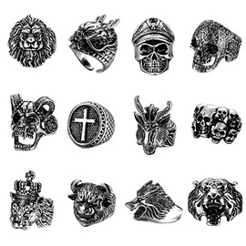 MollyQueen 12 Pieces Vintage Punk Rings Set, Stainless Steel Gothic Biker Adjustable Rings Skeleton Skull Tiger Ring Drgon Lion Head Ring (12PCS)