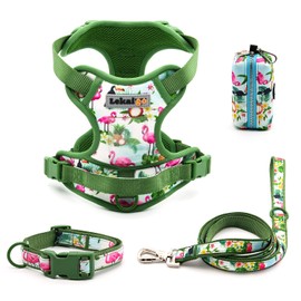 Dog Harness Collar 5ft Leash Poop Bag Holder Set, Reflective Adjustable No-Pull Dog Vest Harness with Safety Lock Easy Control Handle, for Small Medium Large Dogs 4pcs-L-Green