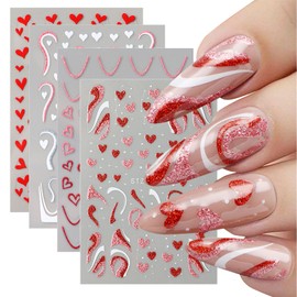 WRBAJIS Valentines Nail Stickers for Nail Art Glitter Heart Nail Decals French Line Nail Design 3D Self-Adhesive Love Nail Art Stickers for Women Girls Valentines Day Nail Decoration Supplies 4PCS