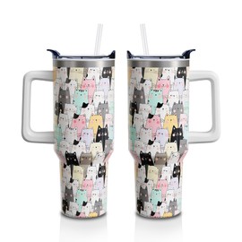 Cat Gifts 40 Oz Tumbler with Handle and Lid Straw, Cute Stainless Steel Double Walled Vacuum Insulated Cup, Cats Lover Birthday Gifts for Women Men