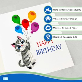 EcoLeafy Dot Cat Birthday Card - Quilled Tabby Cat Birthday Card for Women - Blank Inside for Personalization - 6x6 Handmade 3D Paper Art Design with Luxury Yellow Envelope (Gray Tabby)