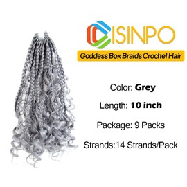 CISINPO 9 Packs Goddess Box Braids Crochet Hair 10 Inch Grey Boho Box Braids with Curly Ends Synthetic Crochet Hair for Women, Gray