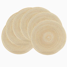 MuuXii Round Placemats for Dining Table 15 Inch, Braided Cotton Table Mats, Woven Fabric Place Mats Washable for Heat Insulation Kitchen, 6 Placemats, Beige