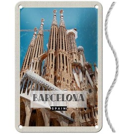 Blechschild mit Kordel 18 x 12 cm Spanien Spain Reise Urlaub Schild: Retro Barcelona Reiseziel - Blechemma