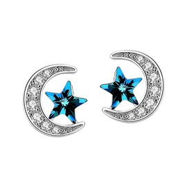 SLUYNZ 925 Sterling Silver Star Moon Earrings Studs For Women Teens Moon Earrings Blue Crystal Cubic Zirconia Earrings