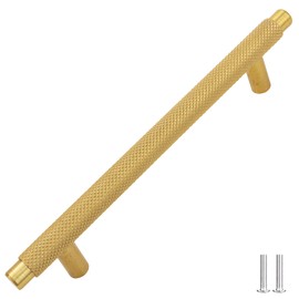 Decoranddecor Aurelia - Round Knurled Cupboard Handles | T-Bar Cabinet Handles | Kitchen Cupboard Pulls | Furniture Knobs - Gold - 128mm Hole Centre Distance