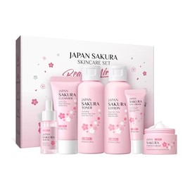 LAIKOU- Set de cuidado de la piel JAPAN SAKURA Sets de regalo de belleza para mujeres Kit de cuidado de la piel con limpiador, tónico, loción, suero,