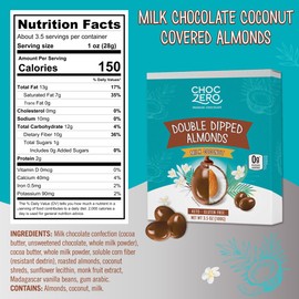 ChocZero Milk Chocolate Coconut Almonds – No Sugar Added, Keto Friendly, High Fiber, Low Sugar Snack – 3.5oz (Pack of 4)