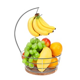 Livabber Countertop Fruit Basket Bowl with Banana Hanger, Modern Standing Fruit Vegetable Bowl Storage, with Banana Tree Holder for Kitchen Dinning Table (Round Wood, Chrome)