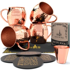Krown Kitchen Hammered Moscow Mule Copper Mugs Set of 4 | 100% Solid Copper | 16 oz