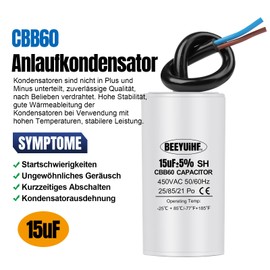 BEEYUIHF CBB60 450V 15uf Motor Capacitor, 50/60Hz Capacitors, Starting Capacitor with Cable, 15µF 450V Motor Capacitors for Electric Motor - 38 x 70 mm