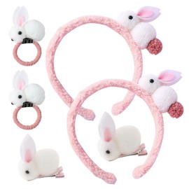 DVOFU 6Pieces Easter Bunny Hair Accessories Set White Plush Rabbit Headband and Clips Bunny Hair Ties Fancy Dress Costume Kit for Baby Toddler Kids