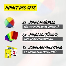 Diabolo Freizeitsport Ideal juggling set for beginners 3 professional juggling balls, 6 colourful juggling cloths and helpful instructions (English language not guaranteed). Perfect for starting