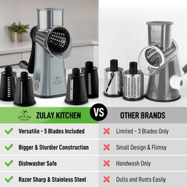 Zulay Kitchen Rotary Cheese Grater 5 Blade Cheese Shredder - Manual Hand Crank Cheese Grater With Reinforced Suction & 5 Interchangeable Drums - Easy to Use, Vegetable Chopper Round Mandoline Slicer