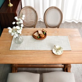 Reversible Double Layer Table Runner Faux Linen Fabric Beige Table Runners Elegant Rustic Farmhouse Runners for Kitchen Dining Coffee Table 13x36 Inch (33x92 cm)