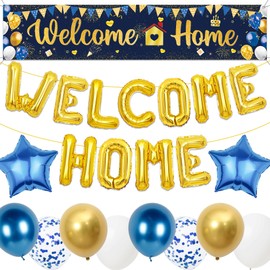 Welcome Home Banner Decorations Backdrop - Welcome Home Balloons Large Yard Banners, Military Relatives Returning Housewarming Background Decor for Homecoming Family Party Indoor Outdoor (Blue gold)