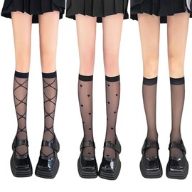 SamHeng 3 Pairs Knee High Socks, 3 Styles Elastic Printing Knee High Stockings Breathable Calf-Length Socks, See Through Nylon Stockings Fashion Sheer Pop Socks for Women Girls (Black)