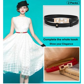 Doneboo Pack of 2 Skinny Belts, Slim Waist Belt for Women, Adjustable Thin Belt, Leather Belt with Gold Metal Buckle for Dress, Red and black