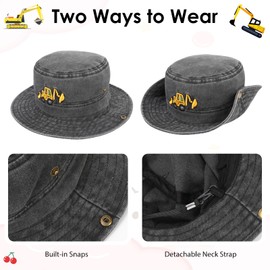 QKURT Boys Sun Hat with Sun Protection Summer Adjustable Detachable Neck Strap Cowboy Cap Bucket Hat with Excavator Pattern for Kids 2-4 Years, black, 2 - 4 years