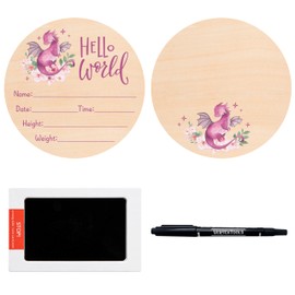 R HORSE Baby Birth Announcement Sign with Marker Pen, Pink Dragon Baby Name Sign with Ink Pad for Hand and Footprints, Wooden Hello World Newborn Announcement Nursery Decor Keepsake Gifts