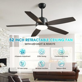 52" Ceiling Fan with Light and Remote Control, Vintage Flush Mount Dimmable LED Ceiling Fan with 5 Fan Blades for Farmhouse Living Room Kitchen Dining Room Bedroom Garage Patio